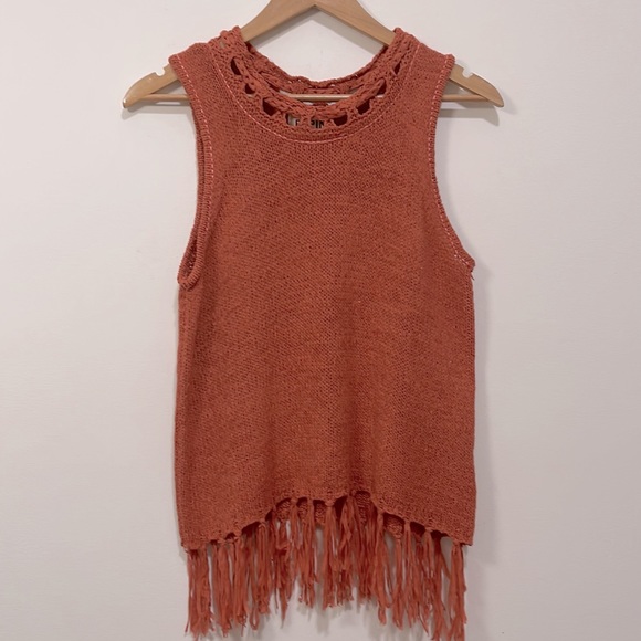 Pepin Anthropologie Bohemian Knit Fringe Tassel crochet Top Orange Large - Picture 7 of 7